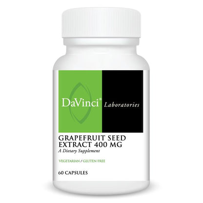 A bottle of DaVinci Laboratories Grapefruit Seed Extract 400 mg, with 60 capsules. The bottle is white with a green and black label, indicating that the product is vegetarian and gluten-free.