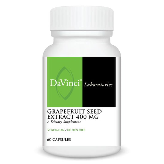 A bottle of DaVinci Laboratories Grapefruit Seed Extract 400 mg, with 60 capsules. The bottle is white with a green and black label, indicating that the product is vegetarian and gluten-free.
