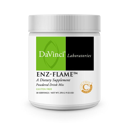 A container of Davinci Labs Enz-Flame, a dietary supplement powder mix, with 30 servings. The container is white with green and black labeling, and a gold seal indicating gluten-free.