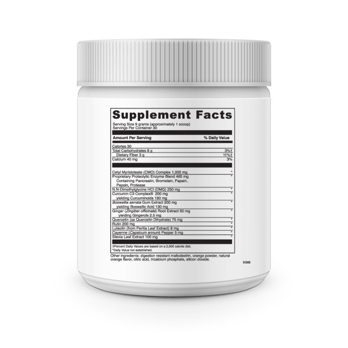 Supplement container with a label on a white background