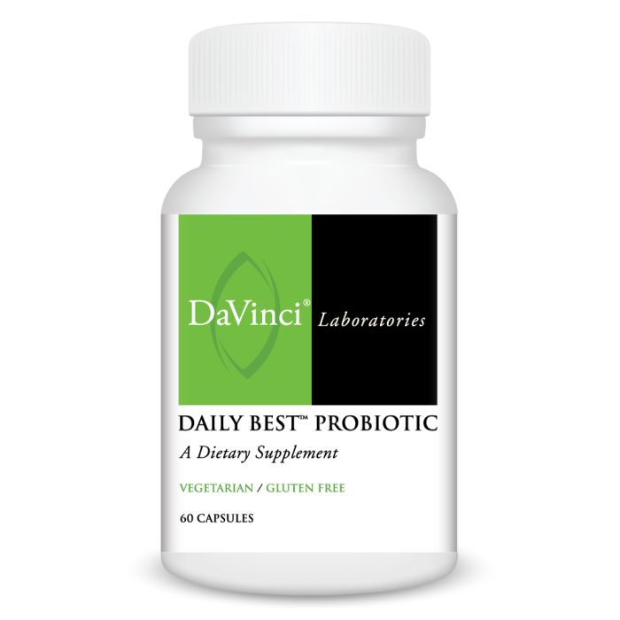 A bottle of DaVinci Laboratories Daily Best Probiotic dietary supplement with 60 capsules, labeled as vegan and gluten-free.