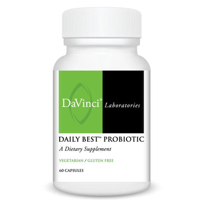 A bottle of DaVinci Laboratories Daily Best Probiotic dietary supplement with 60 capsules, labeled as vegan and gluten-free.