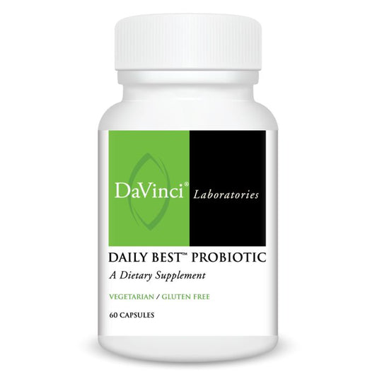 A bottle of DaVinci Laboratories Daily Best Probiotic dietary supplement with 60 capsules, labeled as vegan and gluten-free.
