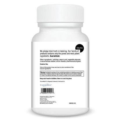 White supplement bottle with label on a white background