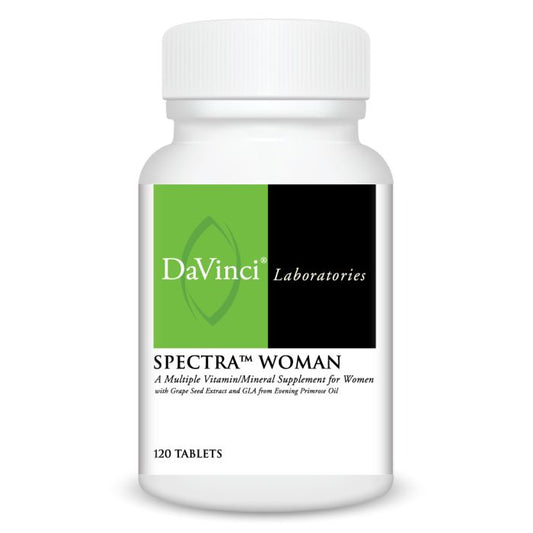 A bottle of Davinci Labs Spectra Woman, a multivitamin/mineral supplement for women, containing 120 tablets.