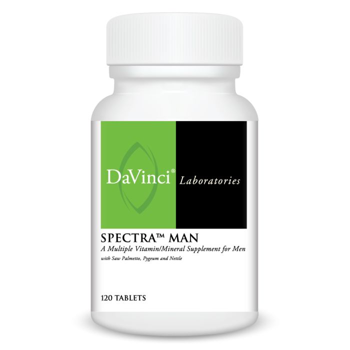 A bottle of Davinci Labs Spectra Man multivitamin supplement for men, containing 120 tablets.