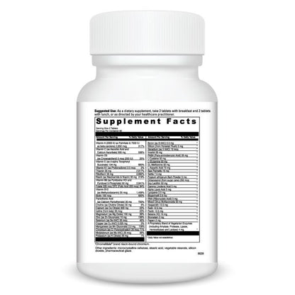 A white supplement bottle with a list of ingredients and amounts