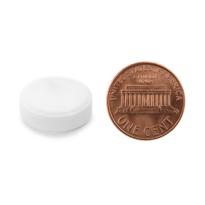 White cylindrical object next to a copper penny on a white background
