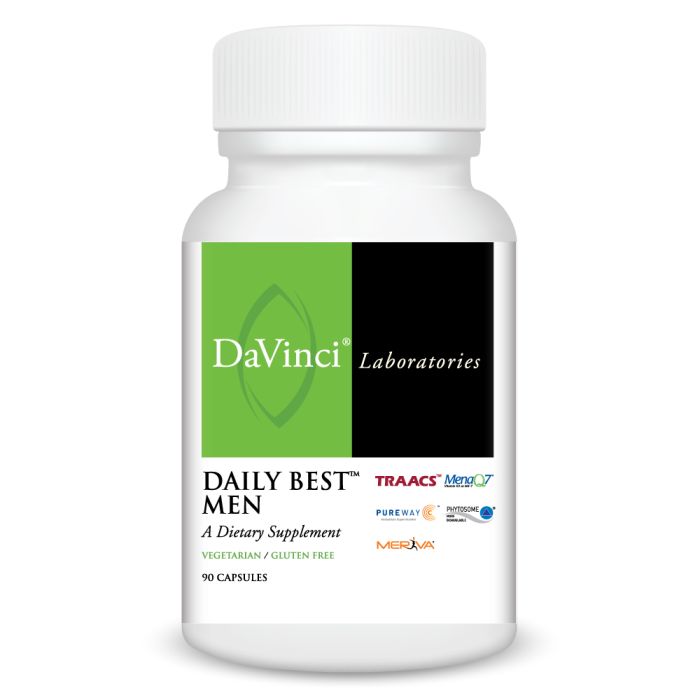 A bottle of Davinci Labs Daily Best Men's multivitamin supplement with 90 capsules, labeled for supporting men's health.
