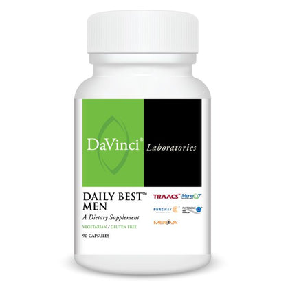 A bottle of Davinci Labs Daily Best Men's multivitamin supplement with 90 capsules, labeled for supporting men's health.