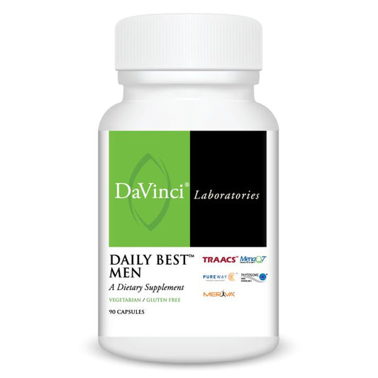 A bottle of Davinci Labs Daily Best Men's multivitamin supplement with 90 capsules, labeled for supporting men's health.