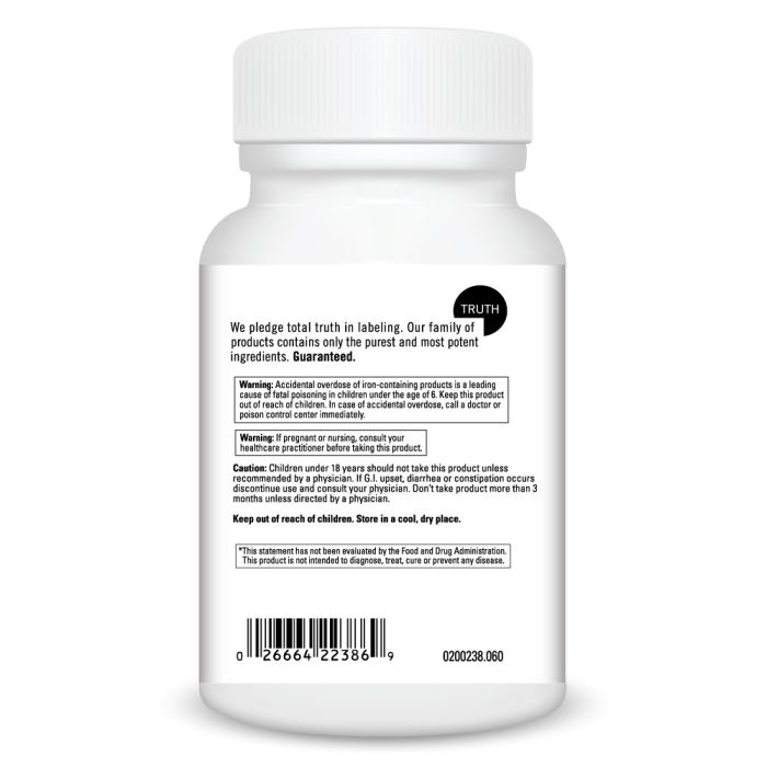White supplement bottle with label on a white background