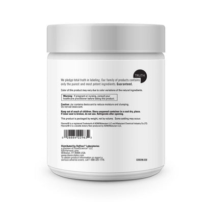 White supplement container with black text on a white background