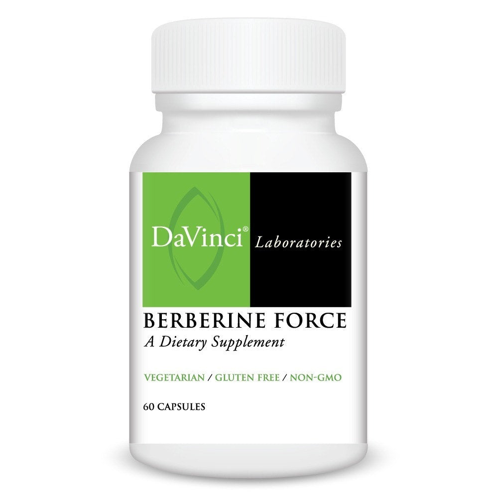 Supplement bottle labeled 'Berberine Force' by DaVinci Laboratories on a white background