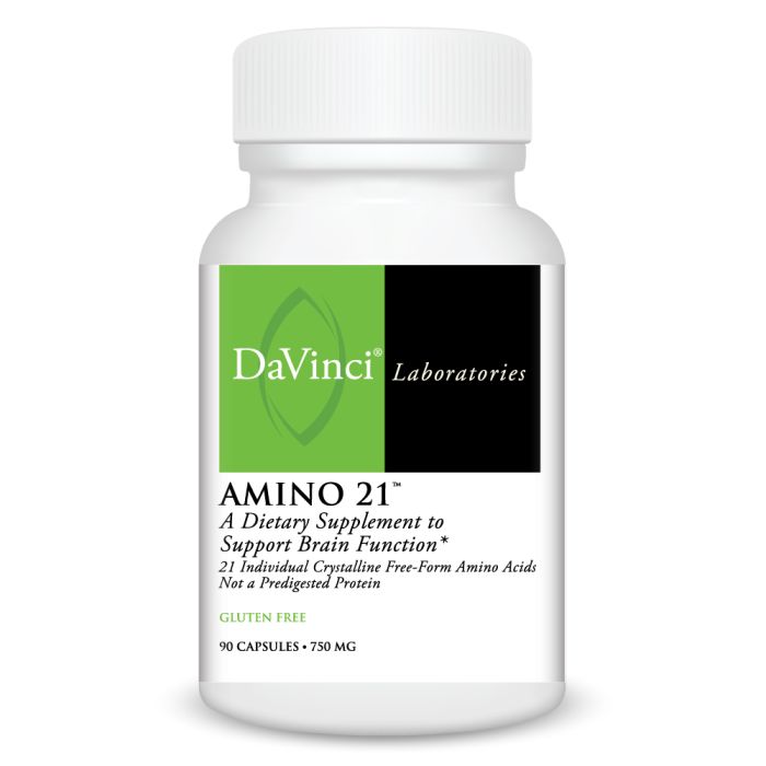 DaVinci Laboratories Amino 21 dietary supplement bottle on a white background