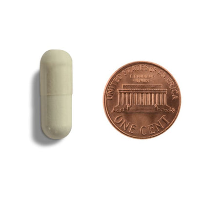 Copper penny and green capsule on a white background