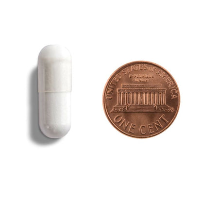White cylindrical object next to a copper penny on a white background