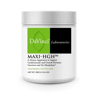DaVinci Laboratories Maxi-HGH supplement container on a white background