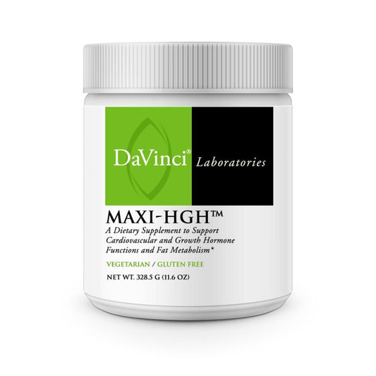DaVinci Laboratories Maxi-HGH supplement container on a white background