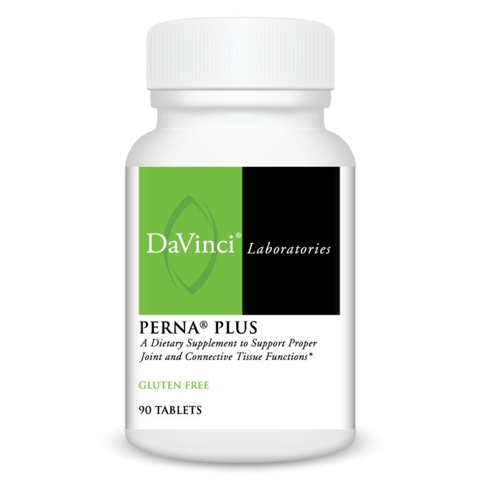 A bottle of DaVinci Laboratories Perna Plus dietary supplement with 90 tablets, labeled as gluten-free.