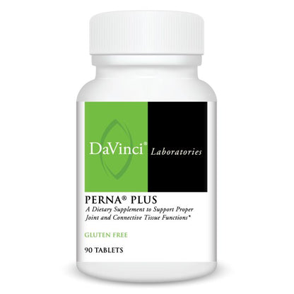 A bottle of DaVinci Laboratories Perna Plus dietary supplement with 90 tablets, labeled as gluten-free.