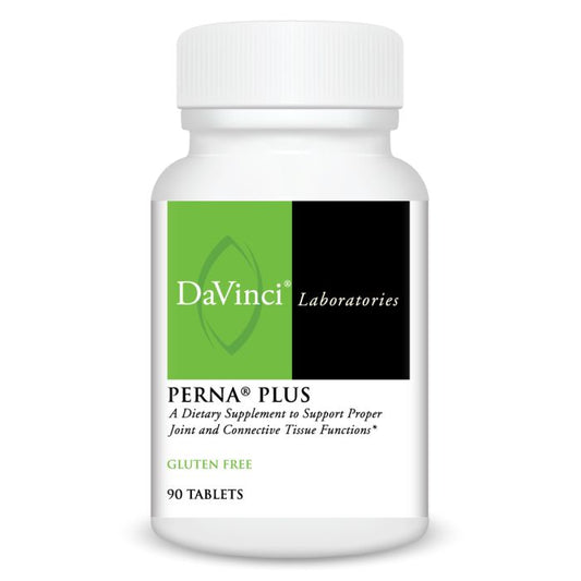 A bottle of DaVinci Laboratories Perna Plus dietary supplement with 90 tablets, labeled as gluten-free.