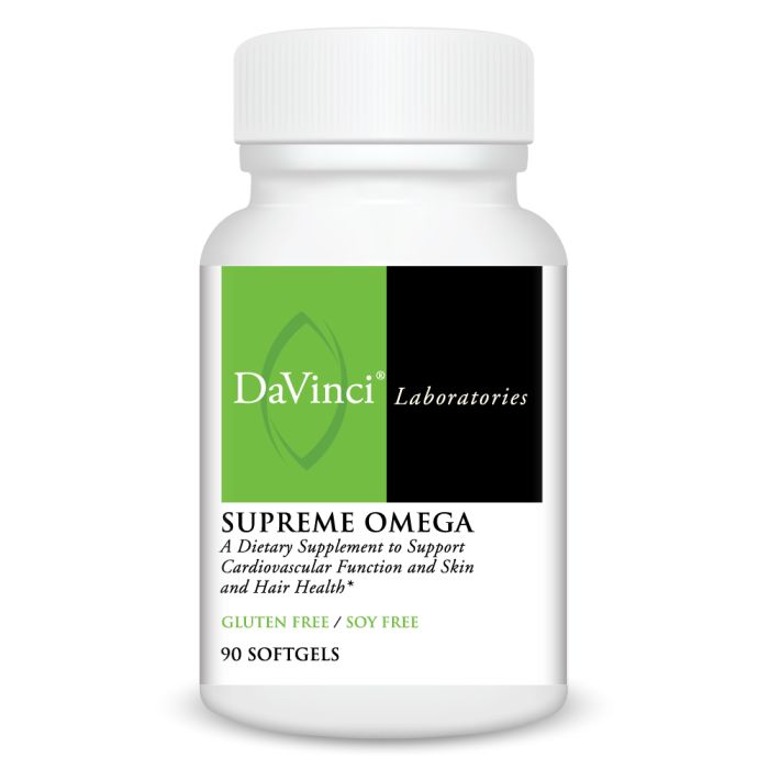 Supplement bottle labeled 'DaVinci Laboratories Supreme Omega' on a white background