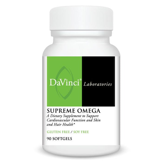 Supplement bottle labeled 'DaVinci Laboratories Supreme Omega' on a white background