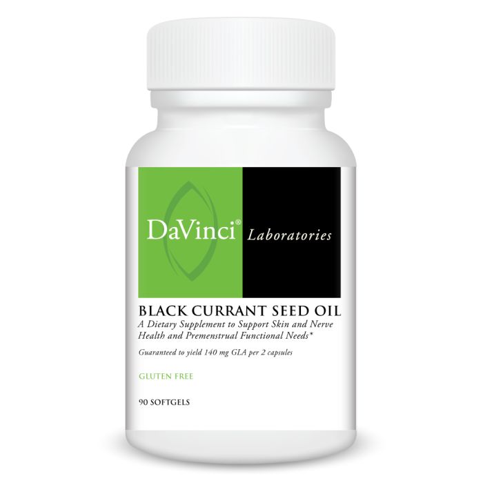 A bottle of DaVinci Laboratories Black Currant Seed Oil with green and white labeling, indicating it contains 90 softgels and is gluten free.