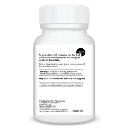 White supplement bottle with black text on a white background