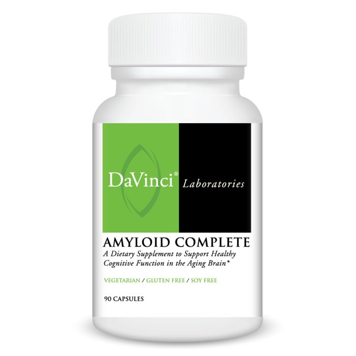 A bottle of DaVinci Laboratories Amyloid Complete supplement with 90 capsules, labeled as a dietary support for healthy cognitive function.