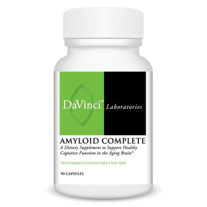A bottle of DaVinci Laboratories Amyloid Complete supplement with 90 capsules, labeled as a dietary support for healthy cognitive function.