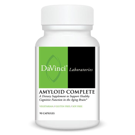 A bottle of DaVinci Laboratories Amyloid Complete supplement with 90 capsules, labeled as a dietary support for healthy cognitive function.