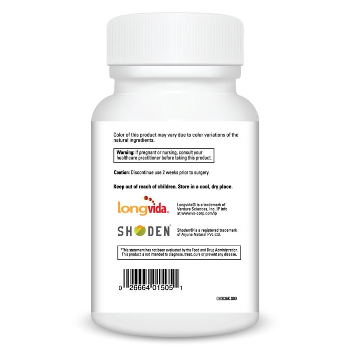 White supplement bottle with 'longvida' branding on a white background