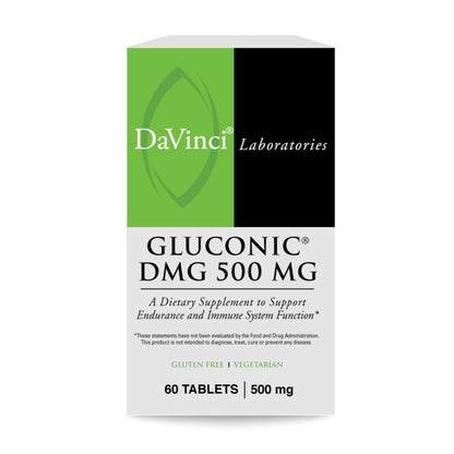 DaVinci Laboratories Gluconic DMG 500 mg dietary supplement packaging on a white background