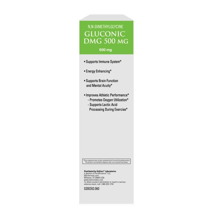 Box of Gluconic DMG 500 mg supplement with green label on a white background