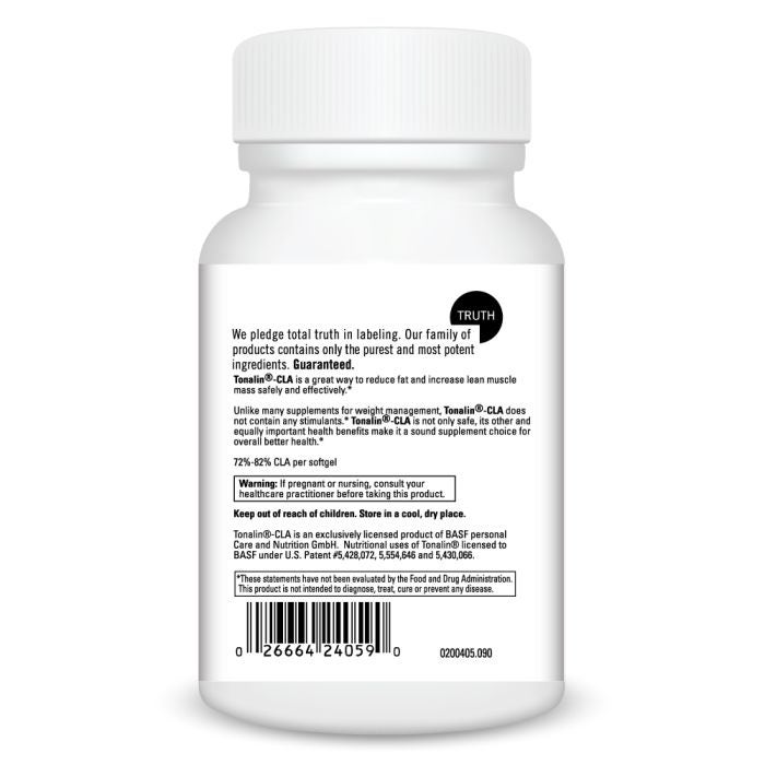 White supplement bottle with black text on a white background
