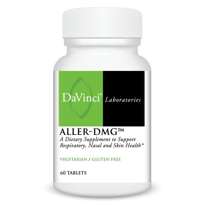 A bottle of Davinci Labs Aller-DMG, containing 60 tablets for supporting respiratory, nasal, and skin health. The bottle is white with a label that has green and black colors.