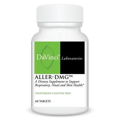 A bottle of Davinci Labs Aller-DMG, containing 60 tablets for supporting respiratory, nasal, and skin health. The bottle is white with a label that has green and black colors.