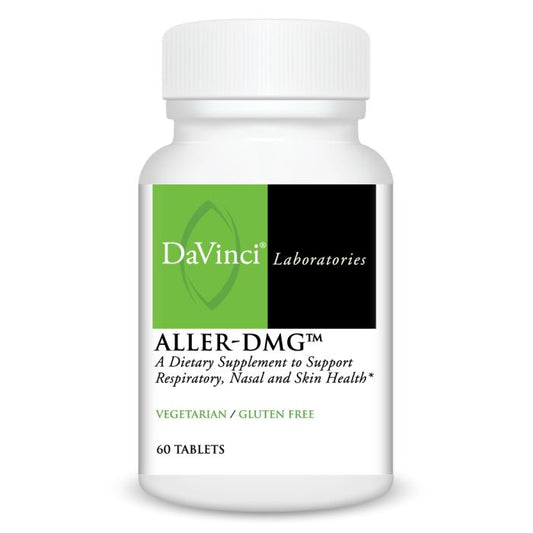 A bottle of Davinci Labs Aller-DMG, containing 60 tablets for supporting respiratory, nasal, and skin health. The bottle is white with a label that has green and black colors.