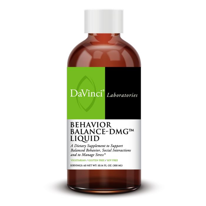 A bottle of Davinci Labs Behavior Balance-DMG Liquid dietary supplement with a label indicating it supports balanced behavior and stress management.