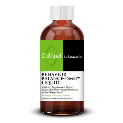 A bottle of Davinci Labs Behavior Balance-DMG Liquid dietary supplement with a label indicating it supports balanced behavior and stress management.