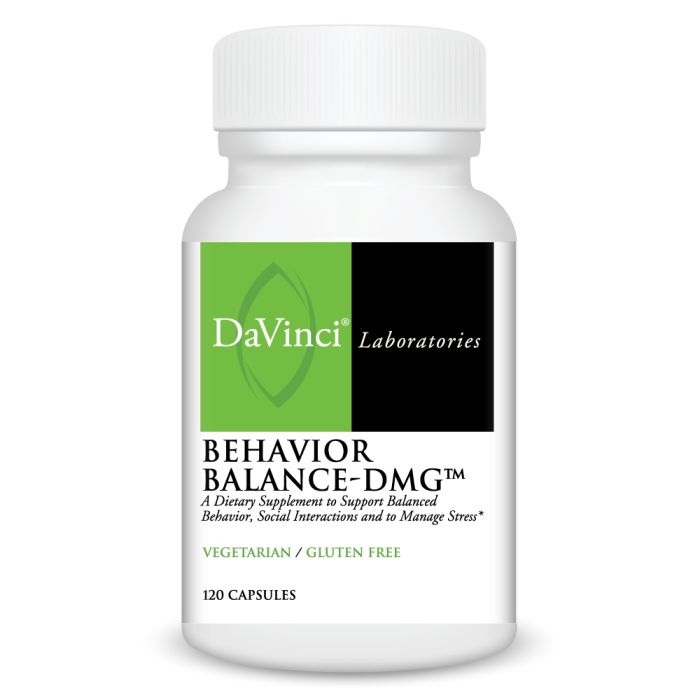 Supplement bottle labeled 'DaVinci Laboratories Behavior Balance-DMG' on a white background