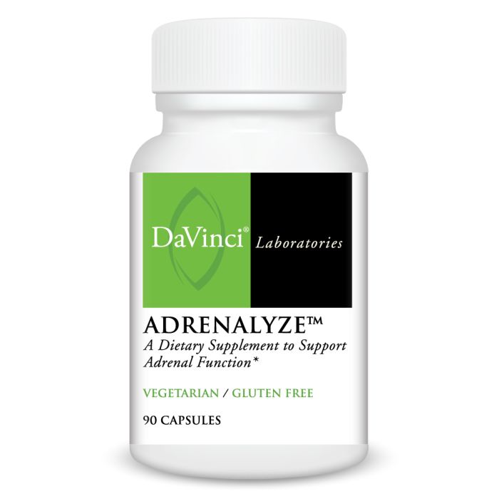 A bottle of Davinci Labs AdrenaLyze, a dietary supplement to support adrenal function, with 90 capsules inside. The packaging is predominantly white with green and black accents.