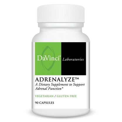 A bottle of Davinci Labs AdrenaLyze, a dietary supplement to support adrenal function, with 90 capsules inside. The packaging is predominantly white with green and black accents.