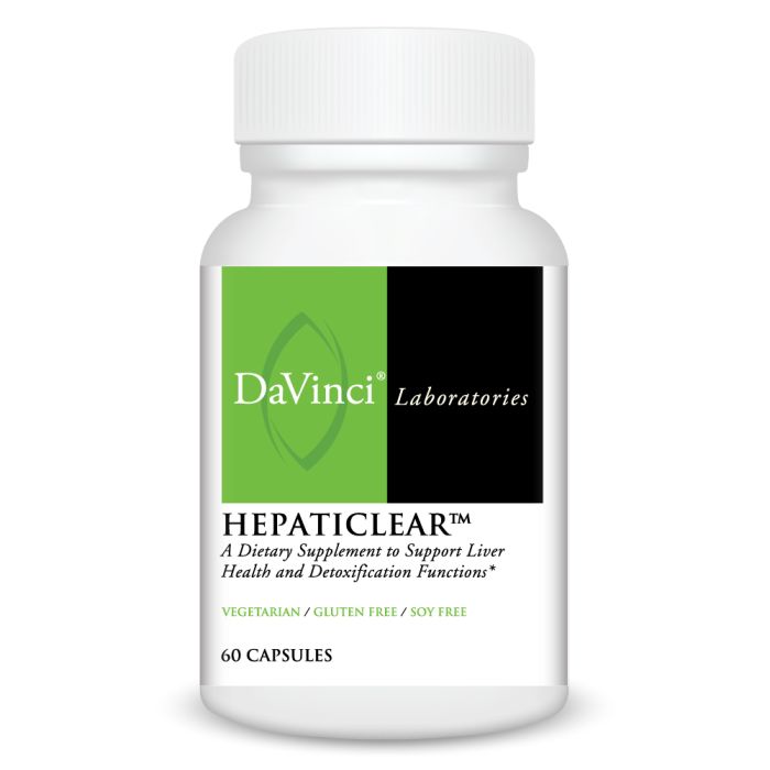 A bottle of Davinci Labs Hepaticlear, a dietary supplement to support liver health and detoxification functions, containing 60 capsules.