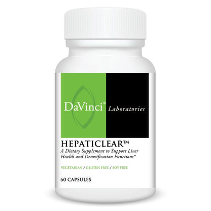 A bottle of Davinci Labs Hepaticlear, a dietary supplement to support liver health and detoxification functions, containing 60 capsules.