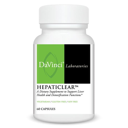 A bottle of Davinci Labs Hepaticlear, a dietary supplement to support liver health and detoxification functions, containing 60 capsules.