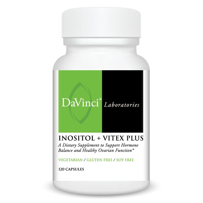 A bottle of Davinci labs Inositol + Vitex Plus dietary supplement, featuring capsules for menstrual and menopausal support.