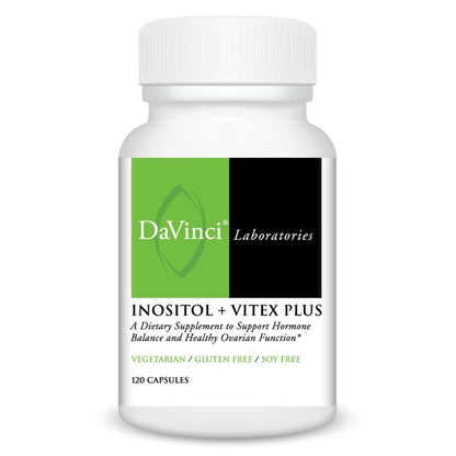 A bottle of Davinci labs Inositol + Vitex Plus dietary supplement, featuring capsules for menstrual and menopausal support.